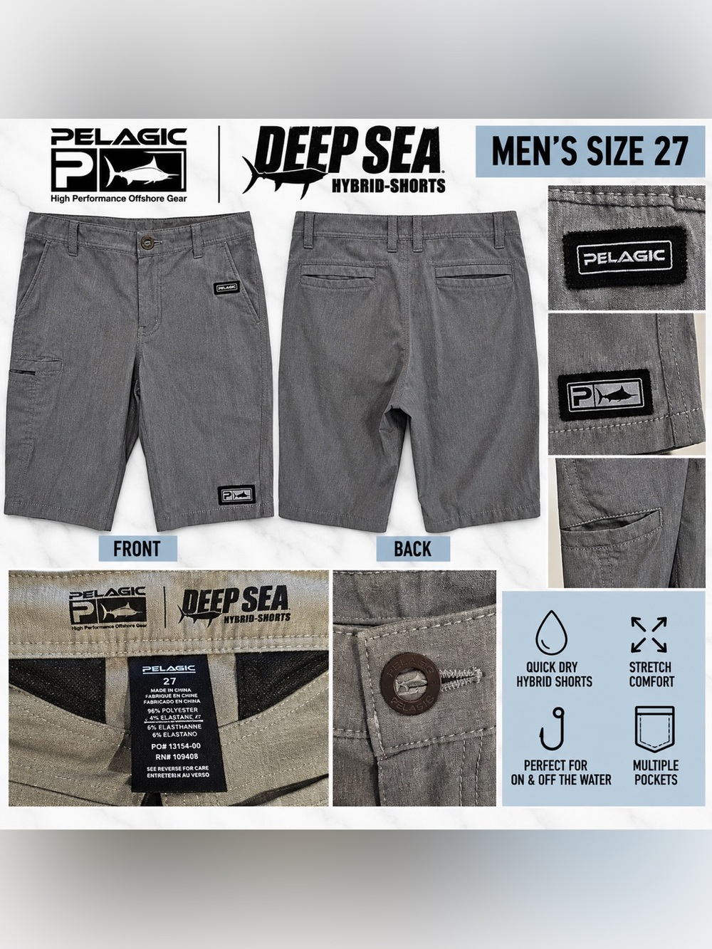 Pelagic Deep Sea Hybrid Fishing Shorts Gray Men’s Size 27